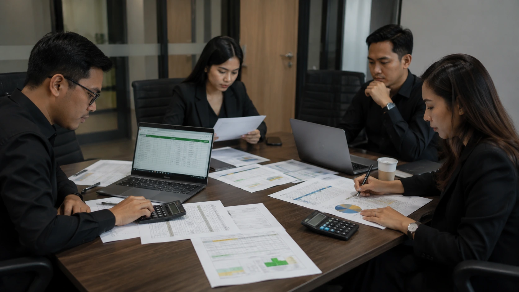 Tim perusahaan menyusun event budget dengan spreadsheet anggaran, estimasi biaya, dan perencanaan vendor untuk acara perusahaan.