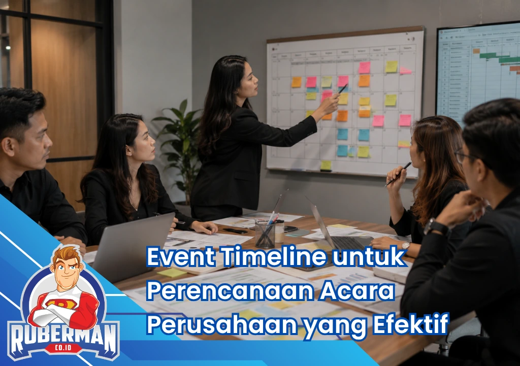 Tim perusahaan menyusun event timeline menggunakan kalender proyek, Gantt chart, dan jadwal persiapan acara perusahaan.